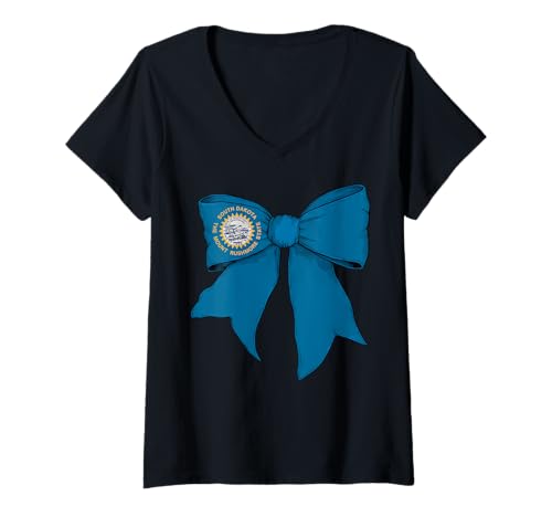 Damen Kokettenschleifenband mit Flagge des Bundesstaates South Dakota für Mädchen T-Shirt mit V-Ausschnitt von Womens Coquette Bow South Dakota Heritage Gifts
