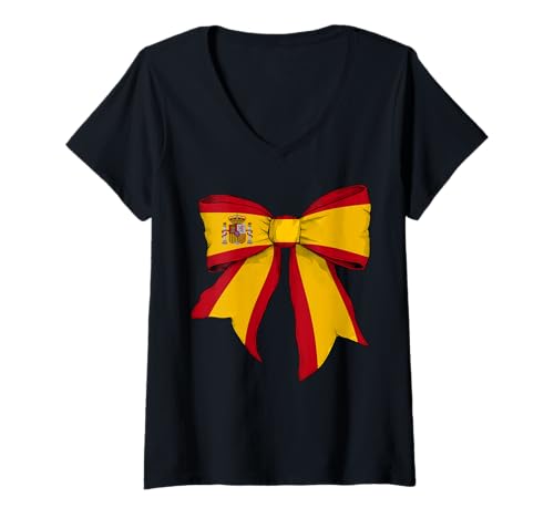 Damen Spanien Spanien Pride Flagge Mädchen Kokette Schleife Band T-Shirt mit V-Ausschnitt Damen Spanien Spanien Pride Flagge Mädchen Kokette Schleife Band T-Shirt mit V-Ausschnitt von Womens Coquette Bow Spain Heritage Flag Gifts