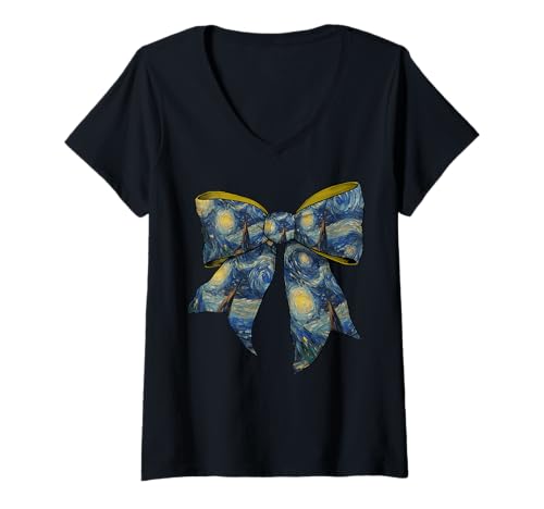 Damen Sternennacht Van Gogh Gemälde Mädchen Kokette Schleife T-Shirt mit V-Ausschnitt Damen Sternennacht Van Gogh Gemälde Mädchen Kokette Schleife T-Shirt mit V-Ausschnitt von Womens Coquette Bow Starry Night Van Gogh Gifts