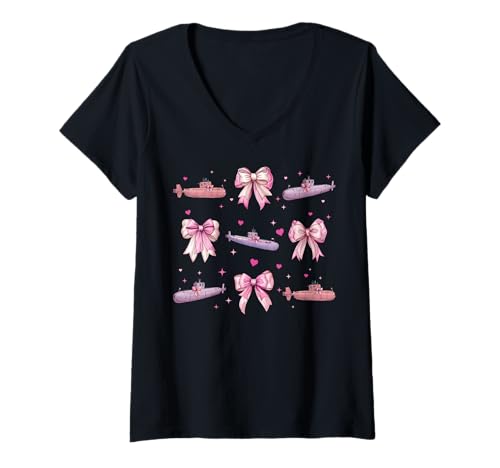 Damen U-Boot-Mädchen Kokette Schleife Rosa Mama T-Shirt mit V-Ausschnitt Damen U-Boot-Mädchen Kokette Schleife Rosa Mama T-Shirt mit V-Ausschnitt von Womens Coquette Bow Submarine Submariner Gifts