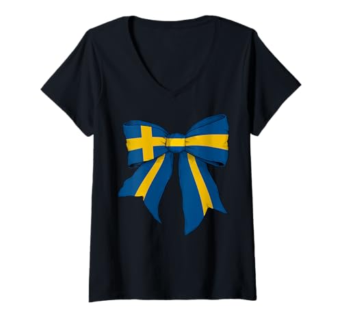 Damen Schweden Schwede Pride Flagge Mädchen Kokette Schleife Band T-Shirt mit V-Ausschnitt Damen Schweden Schwede Pride Flagge Mädchen Kokette Schleife Band T-Shirt mit V-Ausschnitt von Womens Coquette Bow Sweden Heritage Flag Gifts