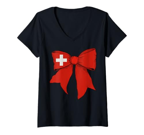 Damen Schweiz Schweizer Stolz Flagge Mädchen Kokette Schleife Band T-Shirt mit V-Ausschnitt von Womens Coquette Bow Switzerland Heritage Gifts