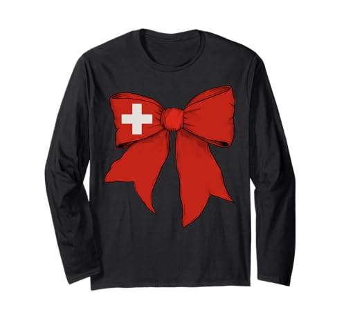 Schweiz Schweizer Stolz Flagge Mädchen Kokette Schleife Band Langarmshirt von Womens Coquette Bow Switzerland Heritage Gifts