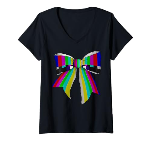 Damen TV-Testmuster Kinematographie Kameramann Mädchen Kokette T-Shirt mit V-Ausschnitt von Womens Coquette Bow TV Test Pattern Gifts