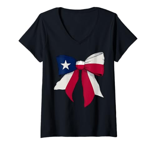 Damen Texas-Staatsflagge Mädchen Kokette Schleife Band T-Shirt mit V-Ausschnitt von Womens Coquette Bow Texas Heritage Flag Gifts