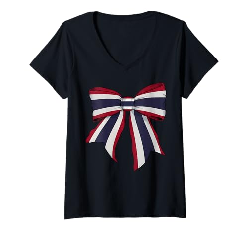 Damen Schleifenband mit thailändischer Flagge für Mädchen T-Shirt mit V-Ausschnitt Damen Schleifenband mit thailändischer Flagge für Mädchen T-Shirt mit V-Ausschnitt von Womens Coquette Bow Thailand Heritage Flag Gifts