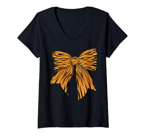 Damen Tiger Streifen Tier Muster Halloween Kostüm Mädchen Kokette T-Shirt mit V-Ausschnitt Damen Tiger Streifen Tier Muster Halloween Kostüm Mädchen Kokette T-Shirt mit V-Ausschnitt von Womens Coquette Bow Tiger Stripes Gifts