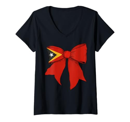 Damen Osttimor Osttimor Pride Girl Coquette Bow T-Shirt mit V-Ausschnitt von Womens Coquette Bow Timor-Leste Heritage Gifts