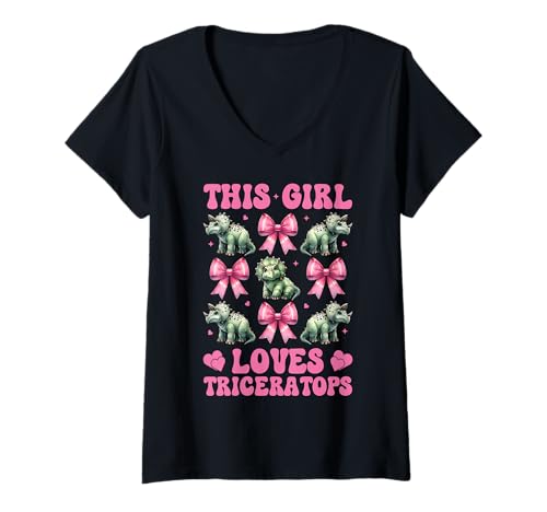 Damen Dieses Mädchen liebt Triceratops Dinosaurier-Mädchen Kokette Schleife T-Shirt mit V-Ausschnitt von Womens Coquette Bow Triceratops Dinosaur Gifts