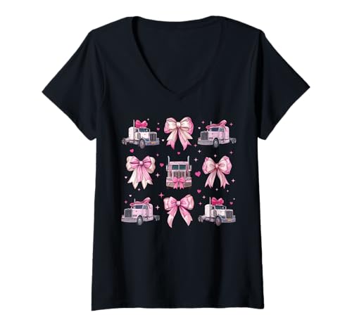Damen Trucker Trucker Driver Girl Coquette Bow Pink Mama T-Shirt mit V-Ausschnitt von Womens Coquette Bow Trucker Truck Driver Gifts