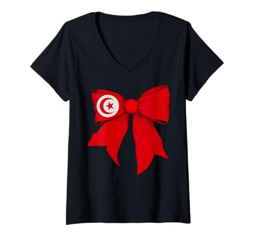 Damen Tunesien Tunesien Pride Flagge Mädchen Kokette Schleife Band T-Shirt mit V-Ausschnitt von Womens Coquette Bow Tunisia Heritage Flag Gifts