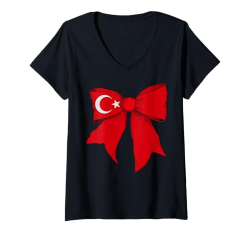 Damen Türkei Türkei Pride Flagge Mädchen Kokette Schleife Band T-Shirt mit V-Ausschnitt Damen Türkei Türkei Pride Flagge Mädchen Kokette Schleife Band T-Shirt mit V-Ausschnitt von Womens Coquette Bow Turkey Heritage Flag Gifts