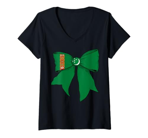 Damen Kokettenschleifenband mit Turkmenischer Flagge für Mädchen T-Shirt mit V-Ausschnitt von Womens Coquette Bow Turkmenistan Heritage Gifts