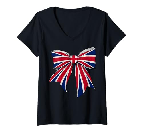 Damen Britisches Königreich, Großbritannien, Stolz, Kokette T-Shirt mit V-Ausschnitt von Womens Coquette Bow United Kingdom Heritage Gifts