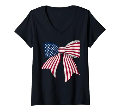 Damen Vereinigte Staaten US USA American Pride Flag Girl Coquette Bow T-Shirt mit V-Ausschnitt von Womens Coquette Bow United States Heritage Gifts
