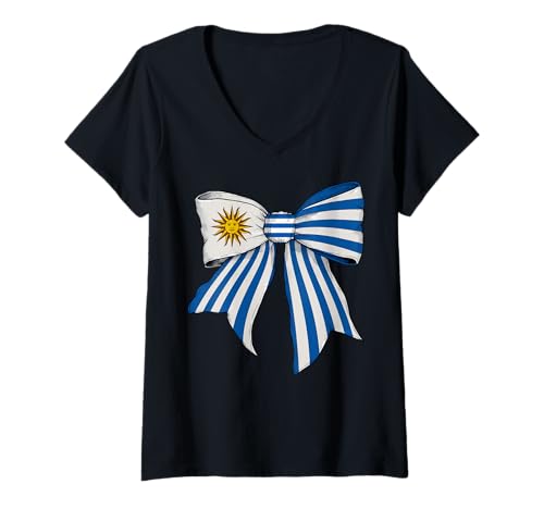 Damen Uruguay Uruguayischer Stolz Flagge Mädchen Kokette Schleife Band T-Shirt mit V-Ausschnitt Damen Uruguay Uruguayischer Stolz Flagge Mädchen Kokette Schleife Band T-Shirt mit V-Ausschnitt von Womens Coquette Bow Uruguay Heritage Flag Gifts