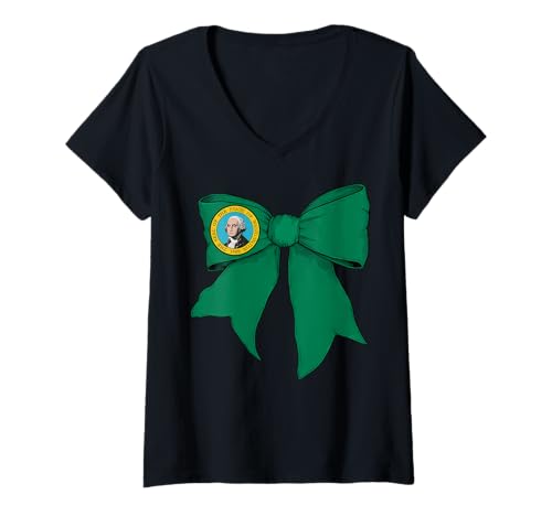 Damen Kokettenschleifenband mit Flagge des US-Bundesstaates Washington für Mädchen T-Shirt mit V-Ausschnitt Damen Kokettenschleifenband mit Flagge des US-Bundesstaates Washington für Mädchen T-Shirt mit V-Ausschnitt von Womens Coquette Bow Washington Heritage Flag Gifts