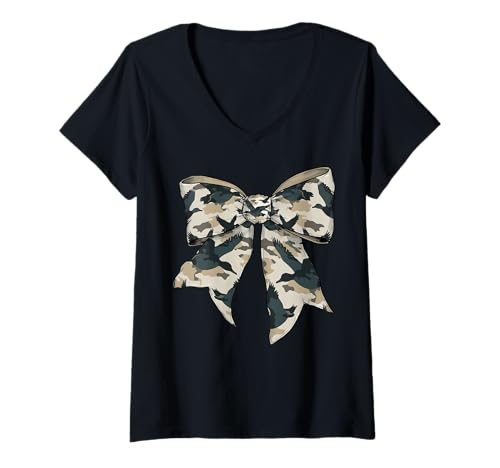Damen Wasservögel Jagd Jäger Entenjäger Camouflage Kokette Bogen T-Shirt mit V-Ausschnitt von Womens Coquette Bow Waterfowl Hunting Hunter Gifts