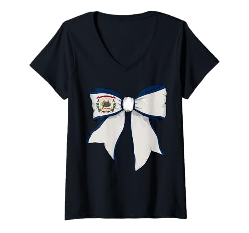 Damen Kokettenschleifenband mit West-Virginia-Flagge für Mädchen T-Shirt mit V-Ausschnitt von Womens Coquette Bow West Virginia Heritage Gifts