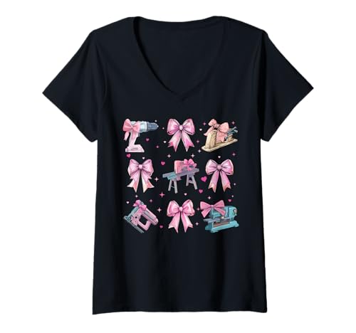 Damen Holzbearbeitung Holzarbeiter Tischler Zimmerei Mädchen Kokette Bogen T-Shirt mit V-Ausschnitt Damen Holzbearbeitung Holzarbeiter Tischler Zimmerei Mädchen Kokette Bogen T-Shirt mit V-Ausschnitt von Womens Coquette Bow Woodworking Woodworker Gifts