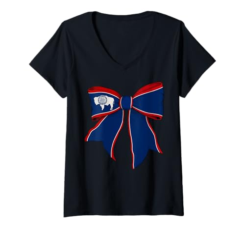 Damen Kokettenschleifenband für Mädchen, Flagge des Bundesstaates Wyoming T-Shirt mit V-Ausschnitt von Womens Coquette Bow Wyoming Heritage Flag Gifts