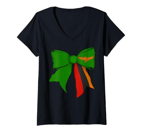 Damen Sambia Sambia Pride Flag Girl Coquette Bow Ribbon T-Shirt mit V-Ausschnitt von Womens Coquette Bow Zambia Heritage Flag Gifts