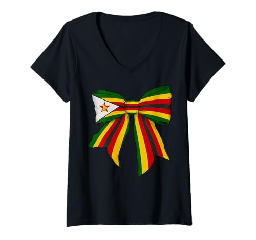 Damen Zimbabwe Simbabwean Pride Flag Girl Coquette Bow Ribbon T-Shirt mit V-Ausschnitt von Womens Coquette Bow Zimbabwe Heritage Flag Gifts