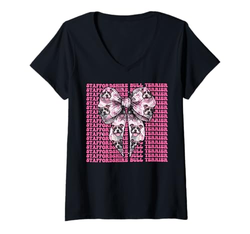Damen Staffordshire Bullterrier Hunde-Mädchen Kokette Schleife Rosa T-Shirt mit V-Ausschnitt von Womens Coquette Staffordshire Bull Terrier Gifts