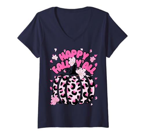 Damen Niedlicher Halloween-Kürbis für Mädchen mit Aufschrift Happy Fall Y'all, Pink T-Shirt mit V-Ausschnitt Damen Niedlicher Halloween-Kürbis für Mädchen mit Aufschrift Happy Fall Y'all, Pink T-Shirt mit V-Ausschnitt von Womens Cute Fall Cheetah Pumpkin Cute Pink Things
