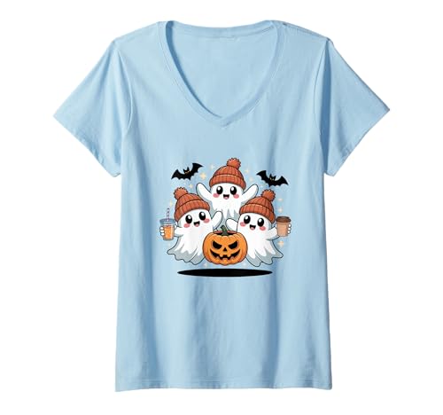 Damen Herbst Ghost Kaffee Kürbis Boo Niedlich Vintage Geist Halloween T-Shirt mit V-Ausschnitt Damen Herbst Ghost Kaffee Kürbis Boo Niedlich Vintage Geist Halloween T-Shirt mit V-Ausschnitt von Womens Ghost Costume Spooky Halloween Ghost