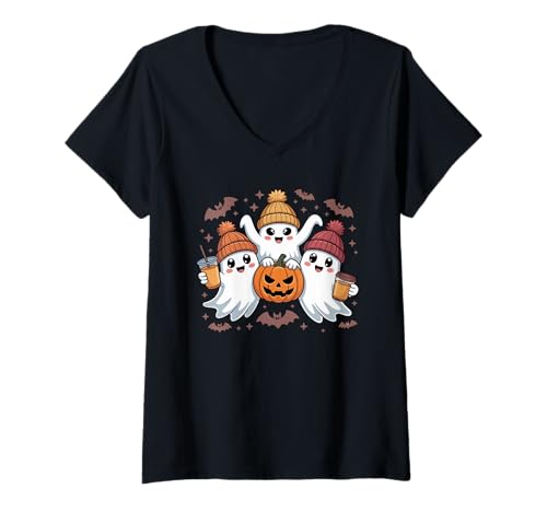 Damen Herbst Ghost Kaffee Kürbis Boo Niedlich Vintage Geist Halloween T-Shirt mit V-Ausschnitt Damen Herbst Ghost Kaffee Kürbis Boo Niedlich Vintage Geist Halloween T-Shirt mit V-Ausschnitt von Womens Ghost Costume Spooky Halloween Ghost