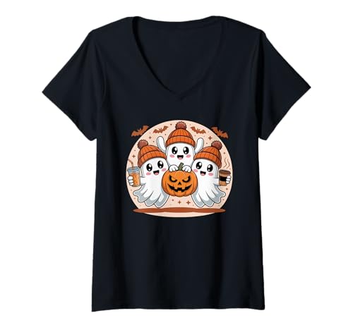 Damen Herbst Ghost Kaffee Kürbis Boo Niedlich Vintage Geist Halloween T-Shirt mit V-Ausschnitt Damen Herbst Ghost Kaffee Kürbis Boo Niedlich Vintage Geist Halloween T-Shirt mit V-Ausschnitt von Womens Ghost Costume Spooky Halloween Ghost