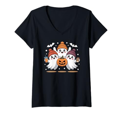 Damen Herbst Ghost Kaffee Kürbis Boo Niedlich Vintage Geist Halloween T-Shirt mit V-Ausschnitt Damen Herbst Ghost Kaffee Kürbis Boo Niedlich Vintage Geist Halloween T-Shirt mit V-Ausschnitt von Womens Ghost Costume Spooky Halloween Ghost
