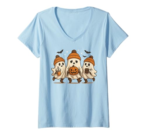 Damen Herbst Ghost Kaffee Kürbis Boo Niedlich Vintage Geist Halloween T-Shirt mit V-Ausschnitt Damen Herbst Ghost Kaffee Kürbis Boo Niedlich Vintage Geist Halloween T-Shirt mit V-Ausschnitt von Womens Ghost Costume Spooky Halloween Ghost