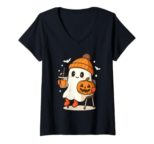 Damen Herbst Ghost Kaffee Kürbis Boo Niedlich Vintage Geist Halloween T-Shirt mit V-Ausschnitt Damen Herbst Ghost Kaffee Kürbis Boo Niedlich Vintage Geist Halloween T-Shirt mit V-Ausschnitt von Womens Ghost Costume Spooky Halloween Ghost