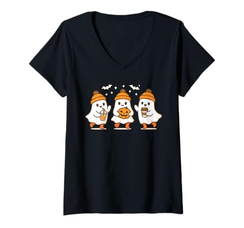 Damen Herbst Ghost Kaffee Kürbis Boo Niedlich Vintage Geist Halloween T-Shirt mit V-Ausschnitt Damen Herbst Ghost Kaffee Kürbis Boo Niedlich Vintage Geist Halloween T-Shirt mit V-Ausschnitt von Womens Ghost Costume Spooky Halloween Ghost