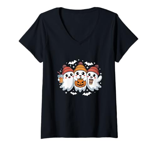 Damen Herbst Ghost Kaffee Kürbis Boo Niedlich Vintage Geist Halloween T-Shirt mit V-Ausschnitt Damen Herbst Ghost Kaffee Kürbis Boo Niedlich Vintage Geist Halloween T-Shirt mit V-Ausschnitt von Womens Ghost Costume Spooky Halloween Ghost