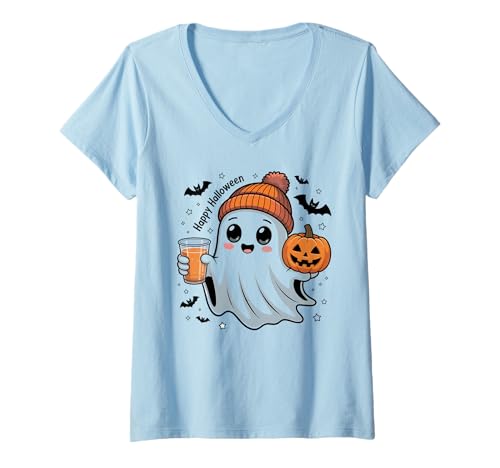 Damen Herbst Ghost Kaffee Kürbis Boo Niedlich Vintage Geist Halloween T-Shirt mit V-Ausschnitt Damen Herbst Ghost Kaffee Kürbis Boo Niedlich Vintage Geist Halloween T-Shirt mit V-Ausschnitt von Womens Ghost Costume Spooky Halloween Ghost