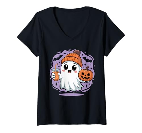 Damen Herbst Ghost Kaffee Kürbis Boo Niedlich Vintage Geist Halloween T-Shirt mit V-Ausschnitt Damen Herbst Ghost Kaffee Kürbis Boo Niedlich Vintage Geist Halloween T-Shirt mit V-Ausschnitt von Womens Ghost Costume Spooky Halloween Ghost