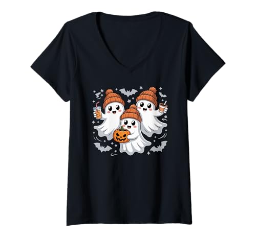 Damen Herbst Ghost Kaffee Kürbis Boo Niedlich Vintage Geist Halloween T-Shirt mit V-Ausschnitt Damen Herbst Ghost Kaffee Kürbis Boo Niedlich Vintage Geist Halloween T-Shirt mit V-Ausschnitt von Womens Ghost Costume Spooky Halloween Ghost