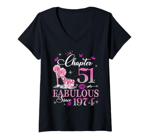 Damen Chapter 51 Fabulous Since 1974 51st Birthday Queen Diamond T-Shirt mit V-Ausschnitt Damen Chapter 51 Fabulous Since 1974 51st Birthday Queen Diamond T-Shirt mit V-Ausschnitt von Womens Made In 1974 51 Years Old Birthday Est 1974