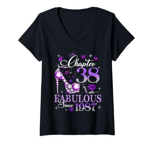 Damen Chapter 38 Fabulous Since 1987 38th Birthday Queen Diamond T-Shirt mit V-Ausschnitt Damen Chapter 38 Fabulous Since 1987 38th Birthday Queen Diamond T-Shirt mit V-Ausschnitt von Womens Made In 1987 38 Years Old Birthday Est 1987