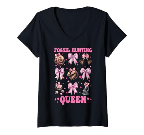 Damen Fossil Jagd Königin Fossil Hunter Paläontologe Mädchen Mama T-Shirt mit V-Ausschnitt von Womens Paleontologists Coquette Bow Fossil Gifts