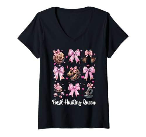 Damen Fossil Jagd Königin Fossil Hunter Paläontologe Mädchen Mama T-Shirt mit V-Ausschnitt von Womens Paleontologists Coquette Bow Fossil Gifts