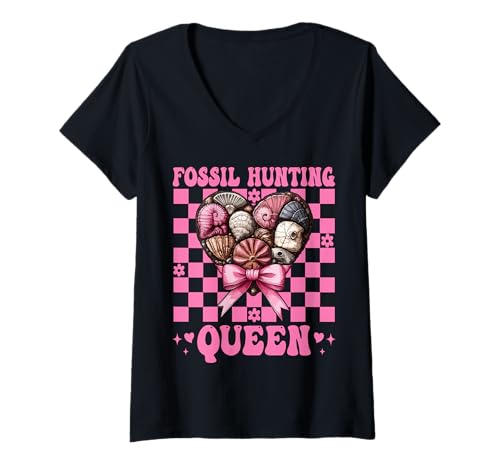 Damen Fossil Jagd Königin Fossil Hunter Paläontologe Mädchen Mama T-Shirt mit V-Ausschnitt von Womens Paleontologists Coquette Bow Fossil Gifts