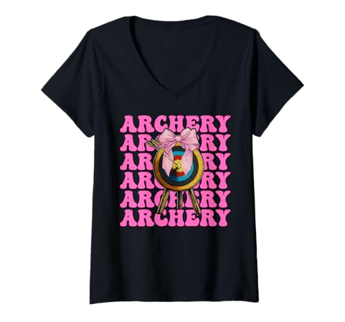 Damen Bogenschießen Mädchen Bogenschießen Mutter Bogenschützer Bogen und Pfeil Muttertag T-Shirt mit V-Ausschnitt von Womens Pink Coquette Bow Archery Archer Gifts