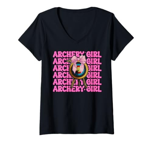 Damen Bogenschießen Mädchen Bogenschießen Mutter Bogenschützer Bogen und Pfeil Muttertag T-Shirt mit V-Ausschnitt von Womens Pink Coquette Bow Archery Archer Gifts