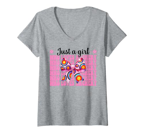 Damen Just A Girl Who Loves Bogenschießen Mama Bogenschützer Bogen und Pfeil T-Shirt mit V-Ausschnitt Damen Just A Girl Who Loves Bogenschießen Mama Bogenschützer Bogen und Pfeil T-Shirt mit V-Ausschnitt von Womens Pink Coquette Bow Archery Archer Gifts