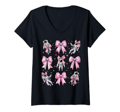 Damen Astronaut Space Girl Kokette Schleife Rosa Mama T-Shirt mit V-Ausschnitt Damen Astronaut Space Girl Kokette Schleife Rosa Mama T-Shirt mit V-Ausschnitt von Womens Pink Coquette Bow Astronaut Space Gifts