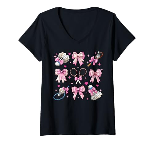 Damen Badmintonschläger Federball Girl Coquette Bow Pink Mom T-Shirt mit V-Ausschnitt Damen Badmintonschläger Federball Girl Coquette Bow Pink Mom T-Shirt mit V-Ausschnitt von Womens Pink Coquette Bow Badminton Player Gifts